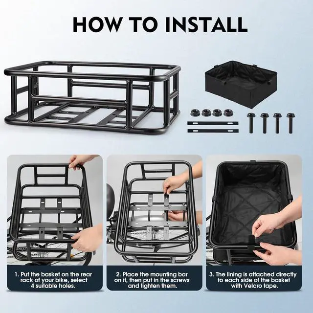 Alt view image 7 of 7 - Rear Rack Bike Basket with Cargo Net and Liner Large Bicycle Basket Perfect Mount for Electric Bike