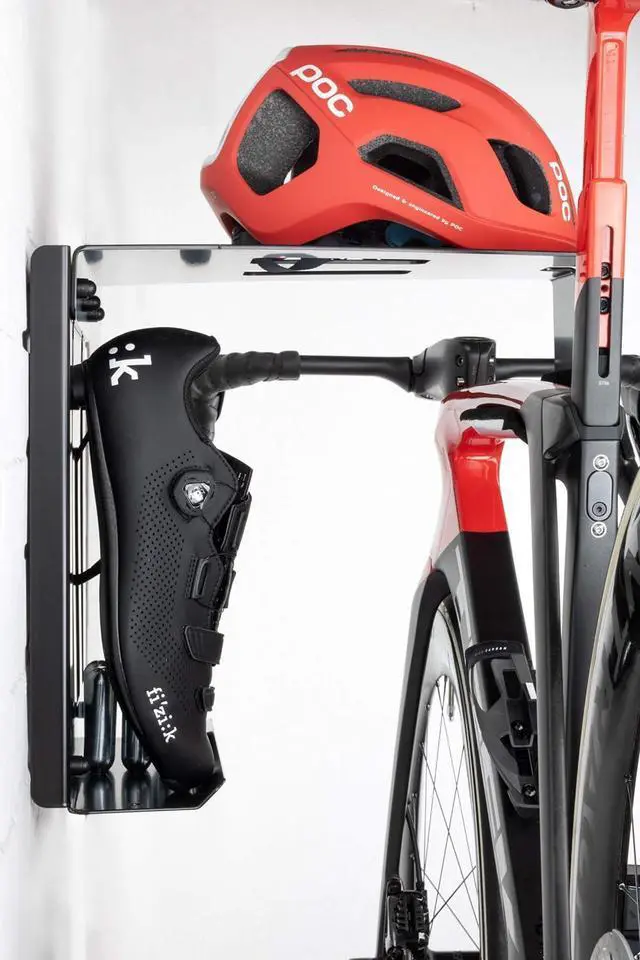 Alt view image 4 of 7 - Wall Bike Rack | Bike Storage Wall Mount System | For Race Bicycles (Happy Black) and Mountain Bikes | Bike Shelf | Indoor bike wall bracket | Store your helmet and shoes | Home and Garage