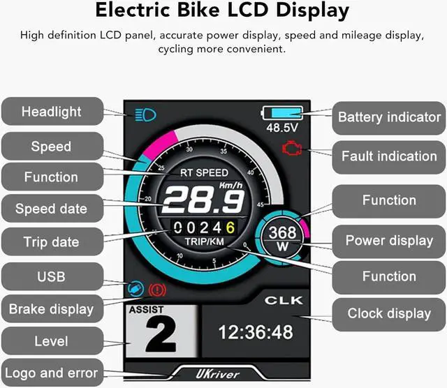 Alt view image 4 of 7 - Electric Bike Meter, UKC1 Color Display Bike LCD Display for Electric Bike Scooter with Waterproof Connector