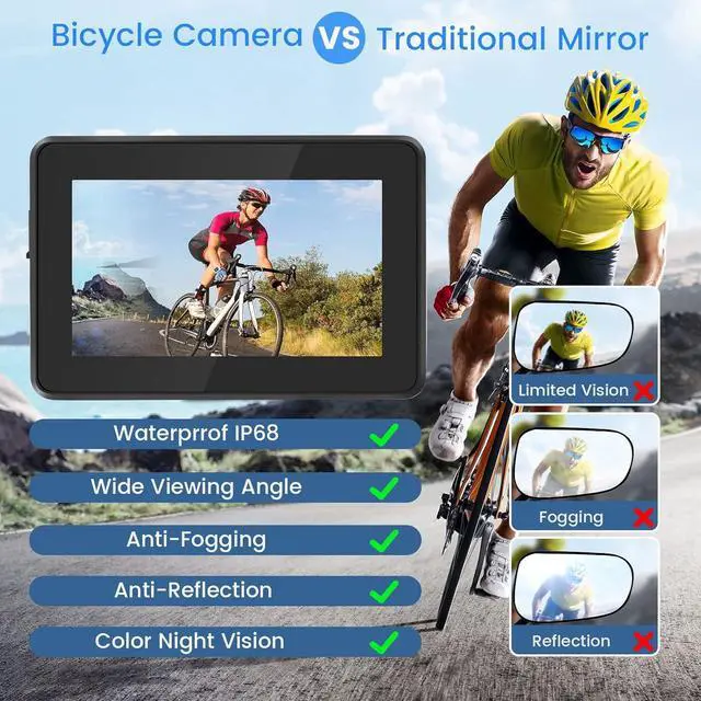Alt view image 3 of 7 - Bike Bicycle Mirror,1080P Bicycle Rear View camera with 4.3" Screen,130° Wide Angle Color Night Vision Bikes Camera 360° Adjustable,Bike Accessories For Bicycle, Mountain, Road Bike
