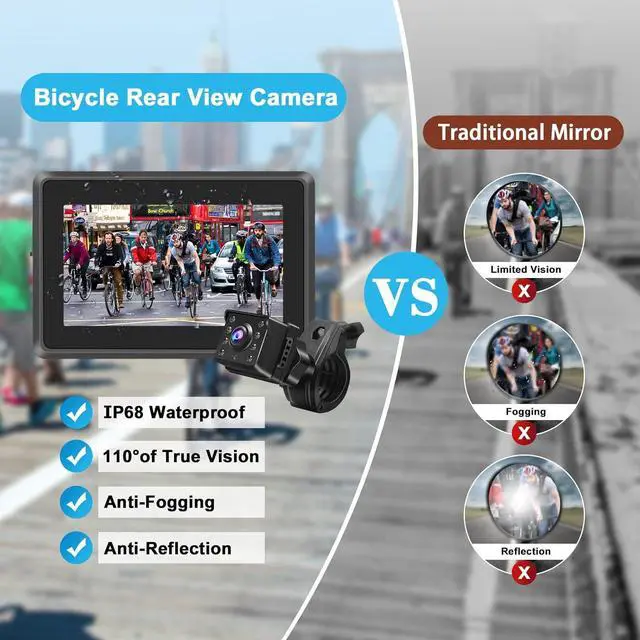 Alt view image 2 of 7 - Bicycle Rear View Camera,1080P Bike Mirror Camera,Rear View Mirror for Bicycle Handlebars with 8-LED Night Vision,110° view with 4.3" Screen,Adjustable Rotatable Bracket for Bikes,Ebikes