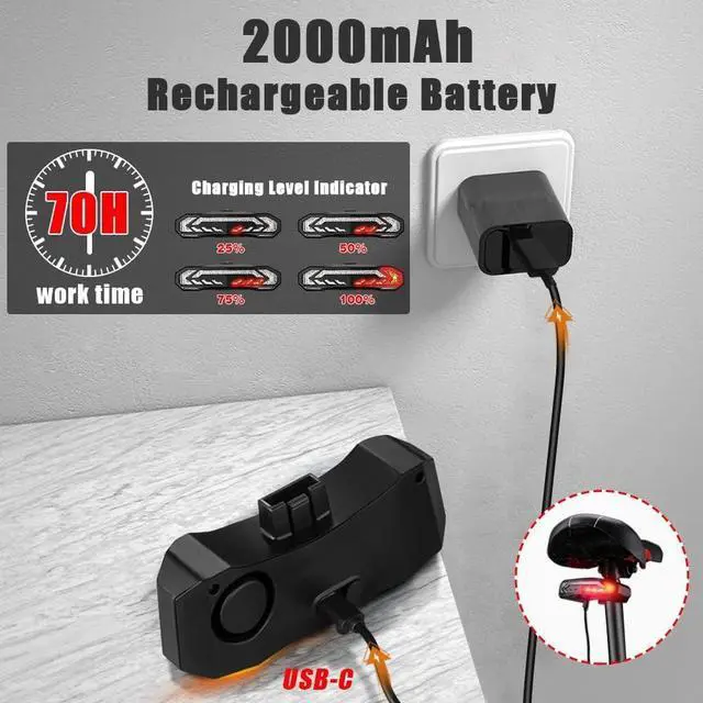 Alt view image 6 of 7 - Bike Tail Light with Turn Signals and Brake Light Bike Horn Alarm with Remote, Built in Speaker/Light Sensor/Vibration Sensor, Smart Auto ON/Off Rechargeable Waterproof Rear Bike Light 2 PACK