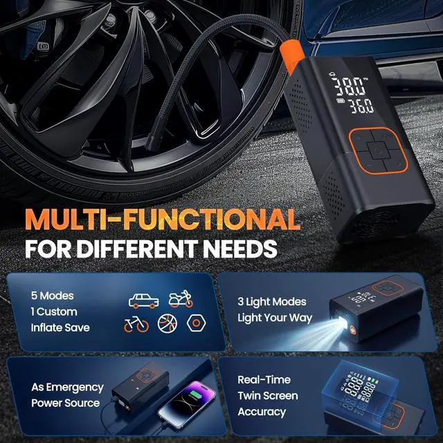 Alt view image 4 of 7 - Tire Inflator Portable Air Compressor-150PSI & 15000mAh Bike Pump, Air Pump Cordless with Tire Pressure Gauge LED Lights, Portable Tire Inflator for Car, Bike, Motorcycle, Ball, Black