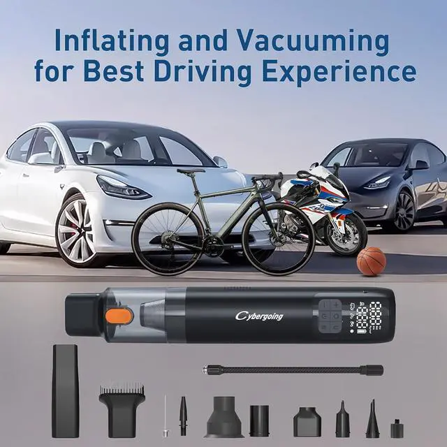 Alt view image 2 of 7 - Tire Inflator Portable Air Compressor 150 PSI & Handheld Car Vacuum Cordless 10000Pa, 2 in 1 Rechargeable Hand Vacuum Tire Pump with LED Screen for Car, Motorcycle, Bike, Ball