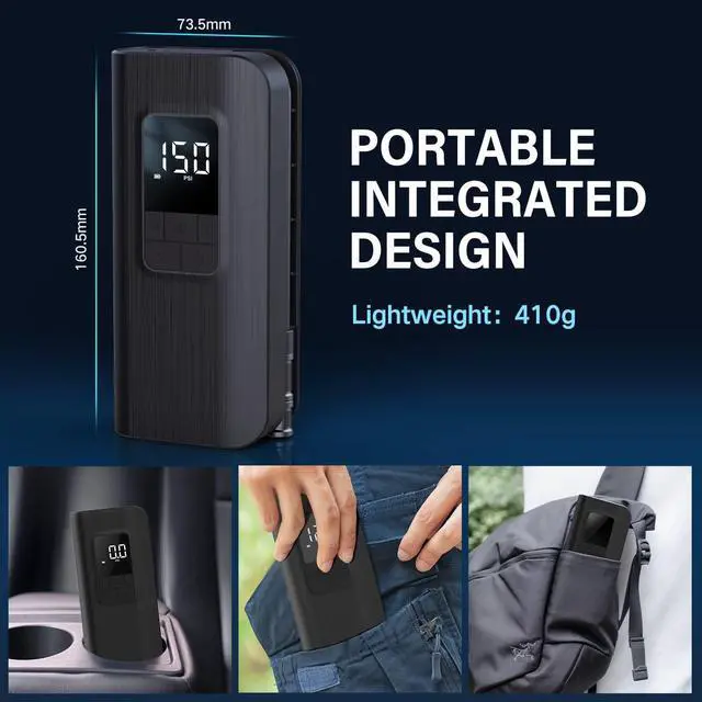 Alt view image 2 of 7 - Electric Bike Pump TP100, Portable Bike Tire Pump with LED Display, Auto-Off, 150 PSI Cordless Tire Inflator for Car Bike Motorcycle Balls