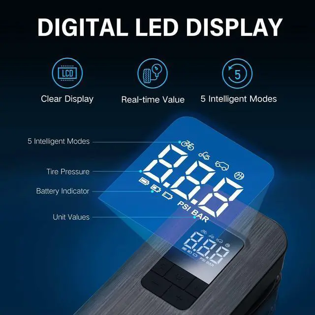 Alt view image 5 of 7 - Electric Bike Pump TP100, Portable Bike Tire Pump with LED Display, Auto-Off, 150 PSI Cordless Tire Inflator for Car Bike Motorcycle Balls