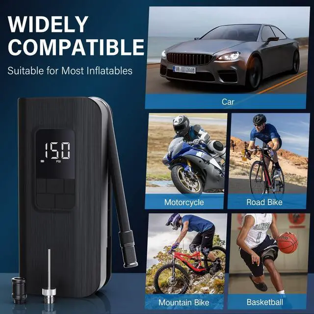 Alt view image 7 of 7 - Electric Bike Pump TP100, Portable Bike Tire Pump with LED Display, Auto-Off, 150 PSI Cordless Tire Inflator for Car Bike Motorcycle Balls