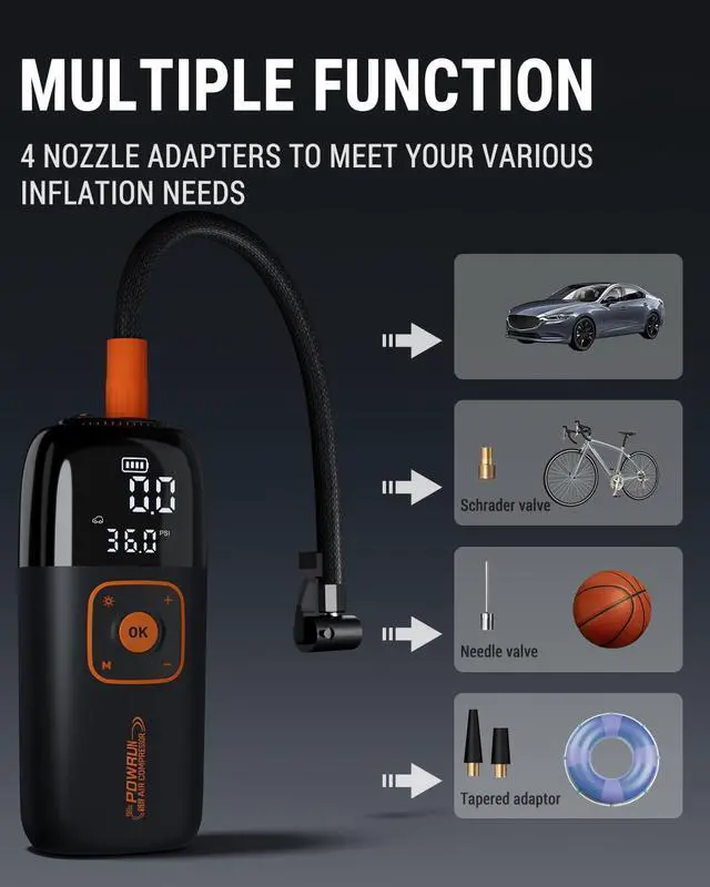 Alt view image 3 of 7 - S8 Tire Inflator Portable Air Compressor, 150 PSI Car Tire Pump with 6000mAh Battery, Bicycle Pump with LCD Screen, Electric Bike Pump, Cordless Air Pump for Car, Motorcycle, bike, Ball