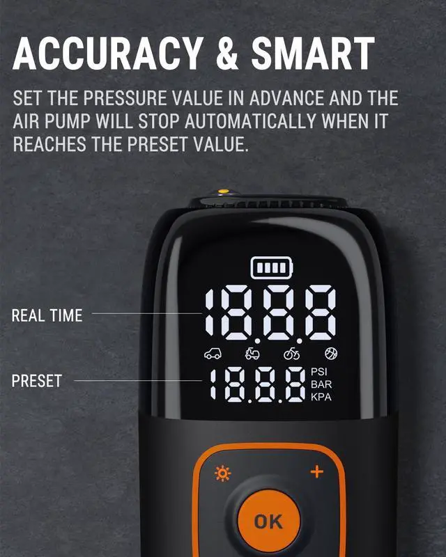 Alt view image 5 of 7 - S8 Tire Inflator Portable Air Compressor, 150 PSI Car Tire Pump with 6000mAh Battery, Bicycle Pump with LCD Screen, Electric Bike Pump, Cordless Air Pump for Car, Motorcycle, bike, Ball