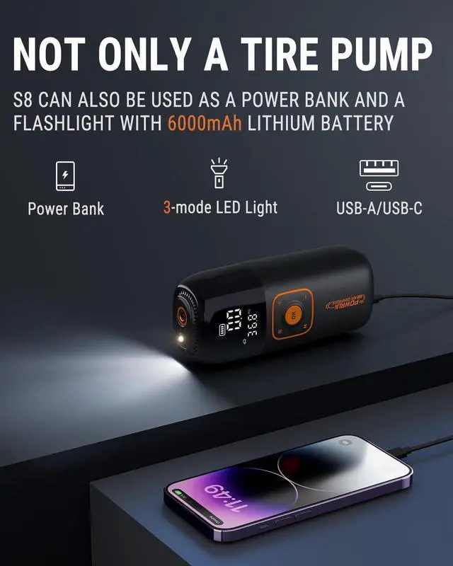 Alt view image 6 of 7 - S8 Tire Inflator Portable Air Compressor, 150 PSI Car Tire Pump with 6000mAh Battery, Bicycle Pump with LCD Screen, Electric Bike Pump, Cordless Air Pump for Car, Motorcycle, bike, Ball