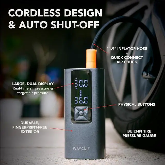 Alt view image 4 of 7 - 4-in-1 Tire Inflator Portable Air Compressor w/Quick Inflate Technology, Tire Pressure Gauge, Dual Screen, 150 PSI Cordless Air Pump for Cars, Bikes, Balls, Inflatable & Tire Repair Kit, Case