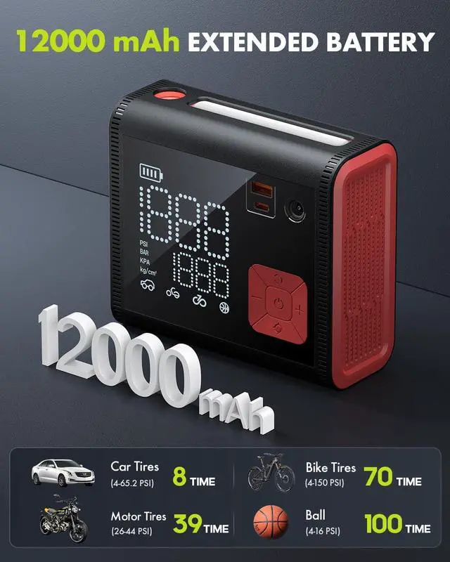 Alt view image 3 of 7 - Tire Inflator Portable Air Compressor, 4X Faster Inflation, Double Cylinder Electric Cordless Air Pump with Built-in Pressure Gauge for Pickup Trucks (150PSI)