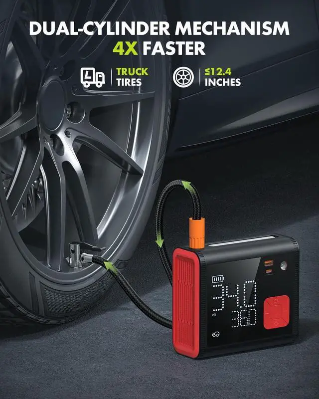 Alt view image 2 of 7 - Tire Inflator Portable Air Compressor, 4X Faster Inflation, Double Cylinder Electric Cordless Air Pump with Built-in Pressure Gauge for Pickup Trucks (150PSI)