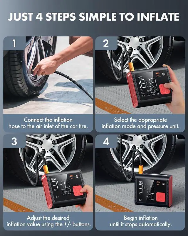 Alt view image 7 of 7 - Tire Inflator Portable Air Compressor, 4X Faster Inflation, Double Cylinder Electric Cordless Air Pump with Built-in Pressure Gauge for Pickup Trucks (150PSI)