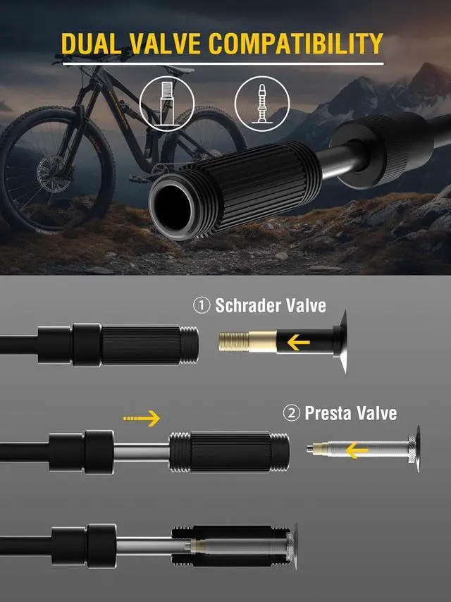 Alt view image 2 of 7 - Bike Tire Inflator with Pressure Gauge - Bicycle Presta and Schrader Air Compressor Tool