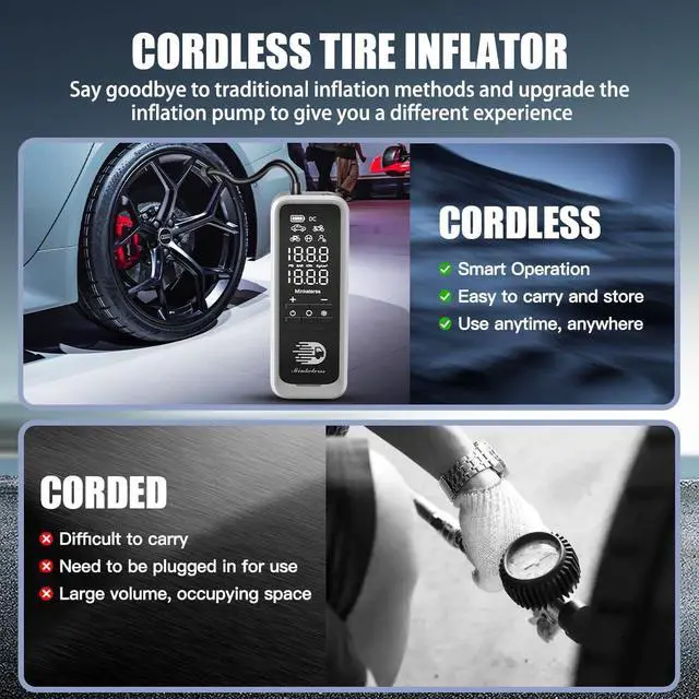 Alt view image 2 of 7 - Portable Air Compressor - 2in1 160PSI Cordless 12V DC Electric Auto Pump with Digital Pressure Gauge, 7500mAh & LED Button, 3X Fast Inflation for Cars, Bikes & Motorcycle Tires, Balls