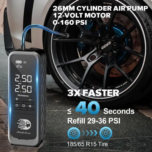 Alt view image 3 of 7 - Portable Air Compressor - 2in1 160PSI Cordless 12V DC Electric Auto Pump with Digital Pressure Gauge, 7500mAh & LED Button, 3X Fast Inflation for Cars, Bikes & Motorcycle Tires, Balls