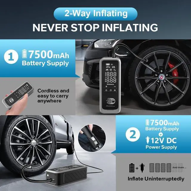 Alt view image 4 of 7 - Portable Air Compressor - 2in1 160PSI Cordless 12V DC Electric Auto Pump with Digital Pressure Gauge, 7500mAh & LED Button, 3X Fast Inflation for Cars, Bikes & Motorcycle Tires, Balls