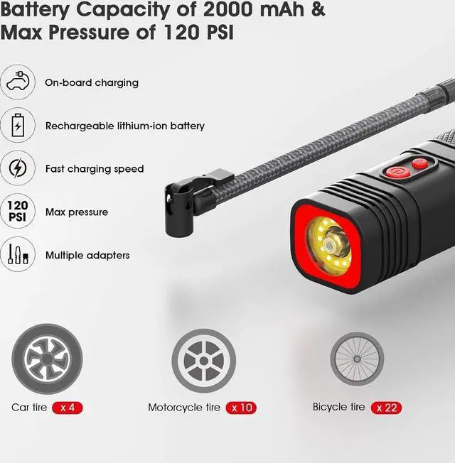 Alt view image 2 of 7 - 12 V Cordless Tire Inflator, Rechargeable Handheld Air Compressor, Portable Digital Tire Inflator, Mini Tire Pump with Pressure Gauge, for Cars, Motorcycle and Bicycles