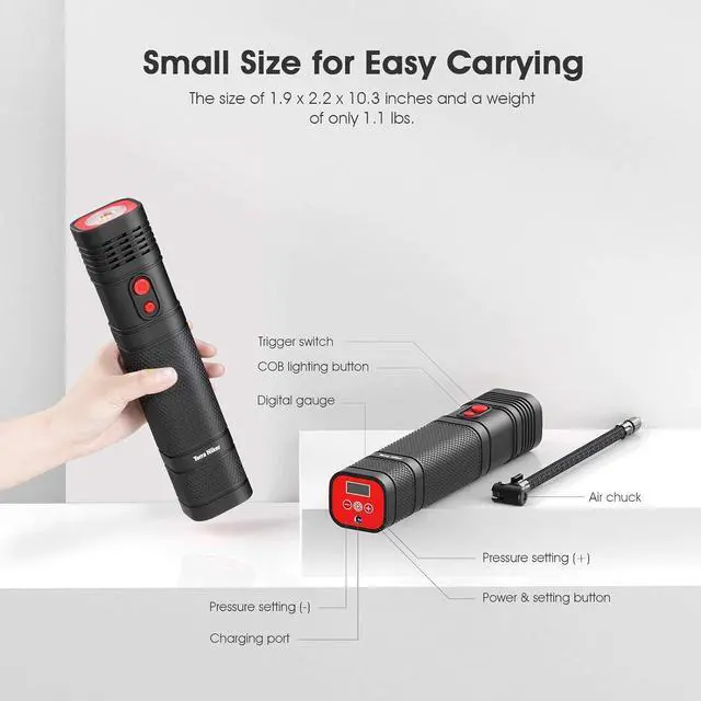 Alt view image 5 of 7 - 12 V Cordless Tire Inflator, Rechargeable Handheld Air Compressor, Portable Digital Tire Inflator, Mini Tire Pump with Pressure Gauge, for Cars, Motorcycle and Bicycles
