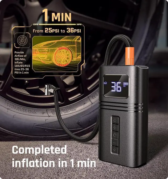 Alt view image 2 of 7 - Tire Inflator Portable Air Compressor for Car Tire, Cordless & Strong Power, Air Pump for Car Tires with 6000mAh Battery, Fast inflate 150PSI, Tire Pump with LED Light for Car Bike Motor Ball