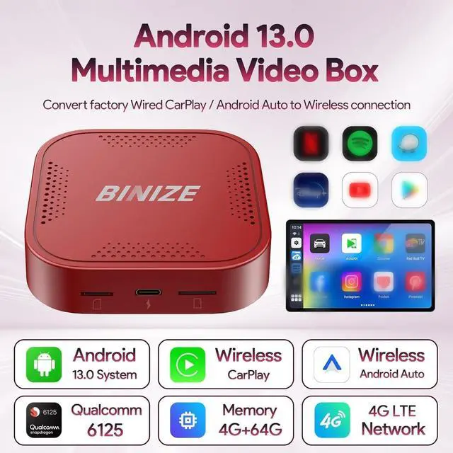 Alt view image 2 of 7 - Wireless CarPlay Android AUTO Multimedia Video Box 4G Cellular,4GB+64GB,8Core,Android 13 Built-in Navigation Support SIM&TF Card Bluetooth Support Car with OEM Wired CarPlay/Android Auto