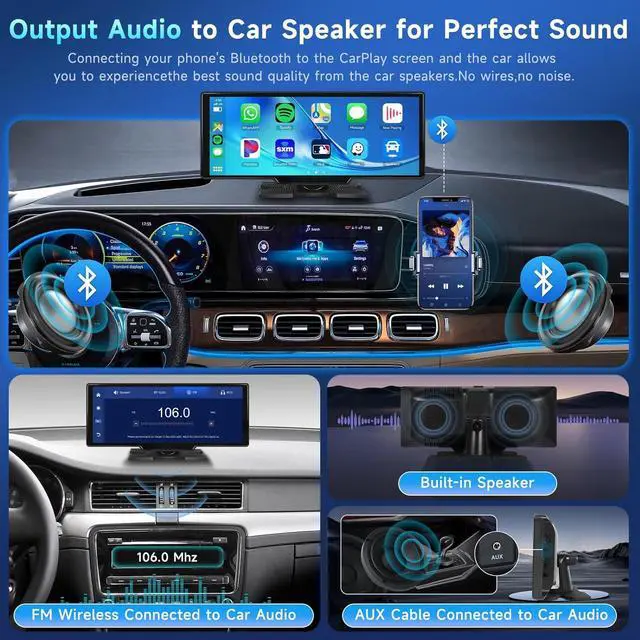 Alt view image 3 of 7 - 10.26" Touchscreen Wireless Carplay Portable Car Stereo Android Auto, Car Play Navigation with Voice Control, Bluetooth Handsfree Call/Music, AUX/FM Transmitter, Car Radio Receiver