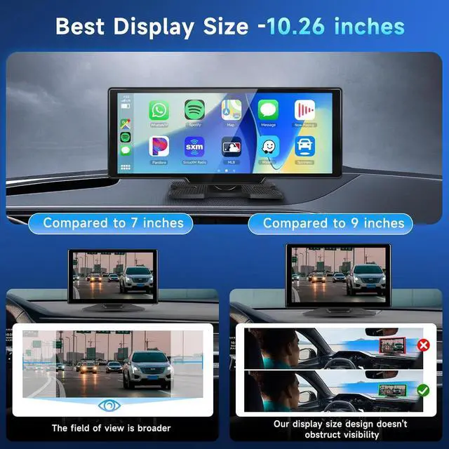 Alt view image 4 of 7 - 10.26" Touchscreen Wireless Carplay Portable Car Stereo Android Auto, Car Play Navigation with Voice Control, Bluetooth Handsfree Call/Music, AUX/FM Transmitter, Car Radio Receiver