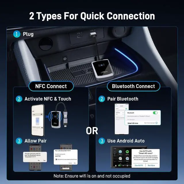 Alt view image 5 of 7 - Android Auto Wireless Adapter with NFC - 2024 Upgraded Android Auto Dongle, Low Latency, 5.8GHz Wifi, Plug & Play Converts Wired to Wireless for Android 11+ & Cars with Factory Wired Android Auto