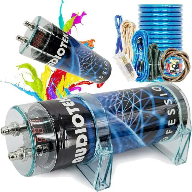 Main image of at-3.5 Farad Capacitor with Car Audio 3500 Watts Power 12V Car Digital Power and Audiotek Complete BCC4AB 4 Gauge Amplifier Installation Wiring Kit Blue