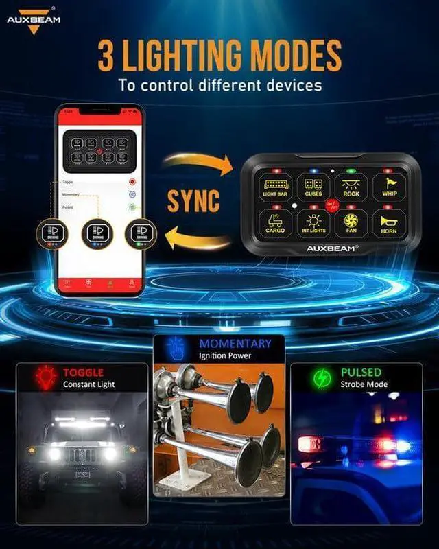 Alt view image 2 of 7 - 8 Gang Switch Panel RGB AR-800 Toggle Momentary Pulsed Bluetooth Switch Panel for Truck SUV UTV ATV Marine RV Camper Van, Multifunction 12-24V Waterproof 2 Years Warranty