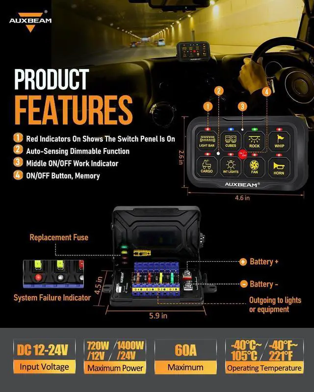 Alt view image 5 of 7 - 8 Gang Switch Panel RGB AR-800 Toggle Momentary Pulsed Bluetooth Switch Panel for Truck SUV UTV ATV Marine RV Camper Van, Multifunction 12-24V Waterproof 2 Years Warranty