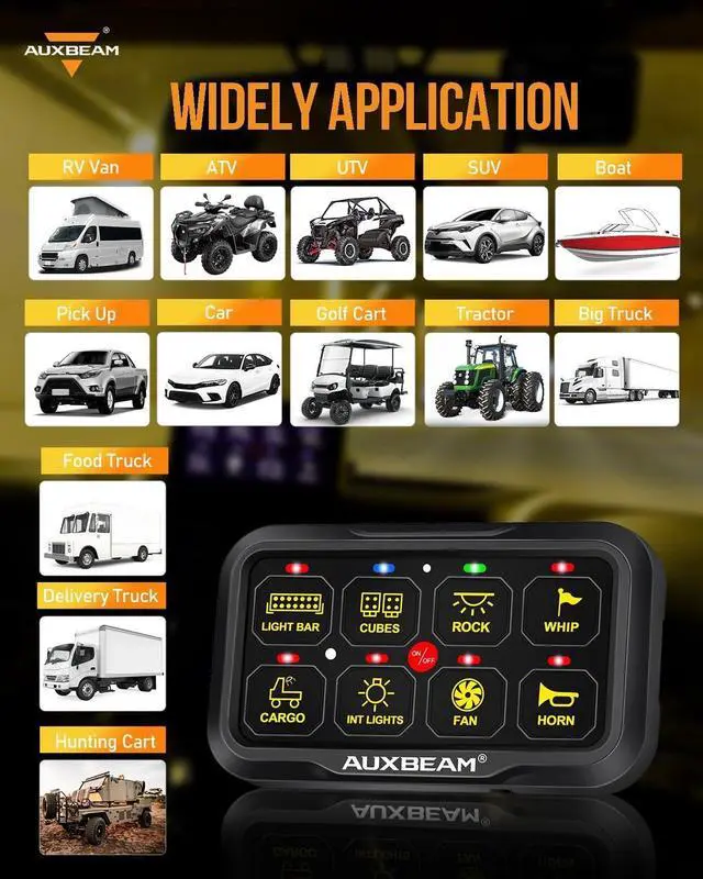 Alt view image 7 of 7 - 8 Gang Switch Panel RGB AR-800 Toggle Momentary Pulsed Bluetooth Switch Panel for Truck SUV UTV ATV Marine RV Camper Van, Multifunction 12-24V Waterproof 2 Years Warranty