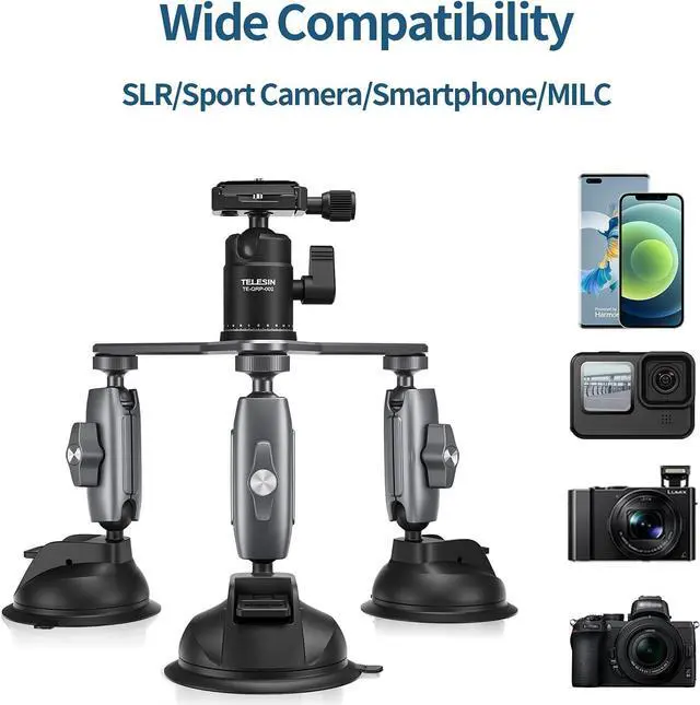 Alt view image 2 of 6 - Triple Suction Cup Car Mount Heavy Duty Tripod with 360 Ball Head for GoPro 13 Insta360 X5 DJI Action 5 Pro DSLR Mirrorless Camera, Dashboard Windshield Window Motion Vehicle Holder Attach