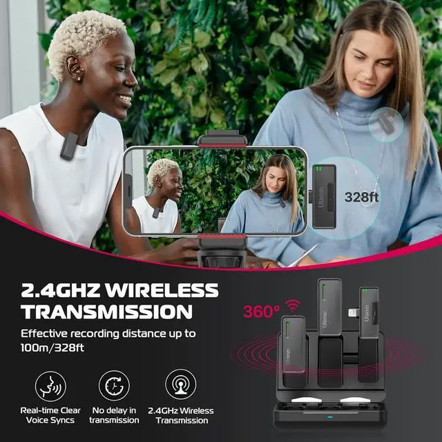 Alt view image 3 of 7 - UW-MIC Wireless Lavalier Microphone 2.4GHz for iPhone iPad, 2-in-1 Plug-Play Mic with Charging Case for Phone Video Recording Interview Youtubers Vloggers, 328ft Transmission Range