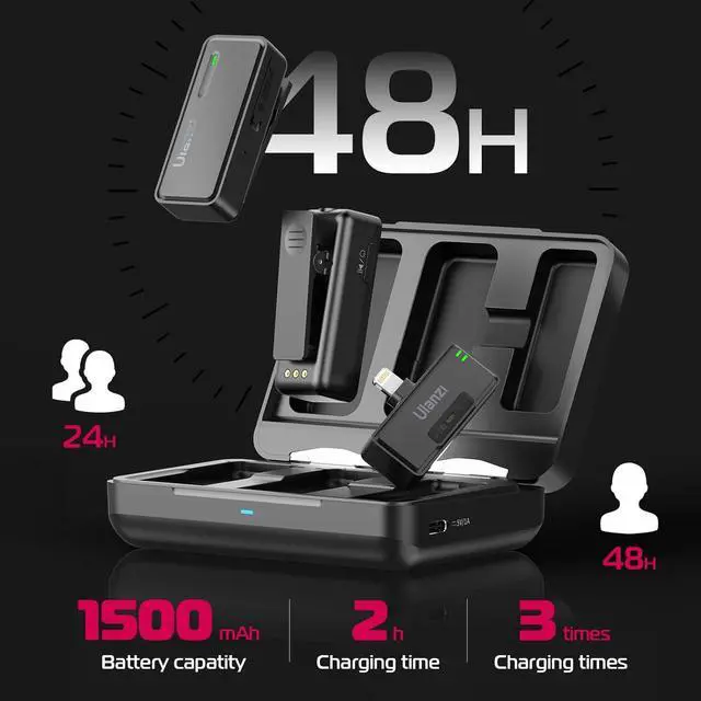 Alt view image 7 of 7 - UW-MIC Wireless Lavalier Microphone 2.4GHz for iPhone iPad, 2-in-1 Plug-Play Mic with Charging Case for Phone Video Recording Interview Youtubers Vloggers, 328ft Transmission Range