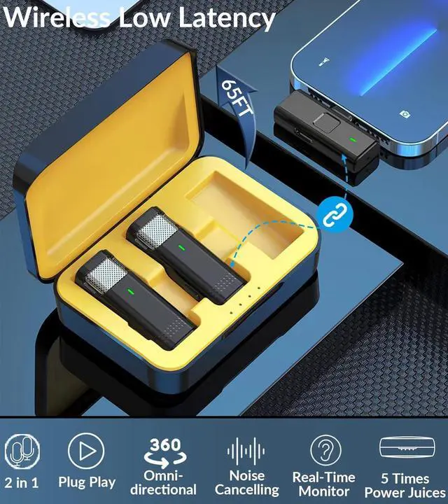 Alt view image 5 of 7 - 2 Wireless Lavalier Microphones for iPhone with Battery Case - Dual Mics Condenser Lapel Microphone Compatible with iPhones iPad Lav Mic