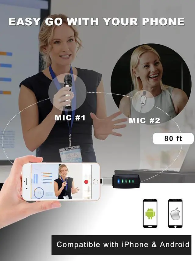 Alt view image 3 of 6 - Wireless USB Microphone for iPhone & Computer, Rechargeable Handheld & Lapel Mic System for MacBook, PC Laptop, Zoom Meeting, Classroom Teaching, Teacher Podcast, vlog