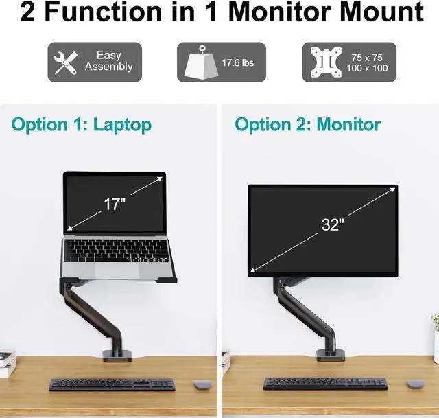 Alt view image 2 of 7 - Laptop Stand Desk Mount, 2 in 1 Function Monitor Laptop Mount, Aluminum Laptop Arm Fits Max 17" Notebook and 32" Computer Screen, Single Monitor Mount with Laptop Tray, Holds up to 17.6lbs