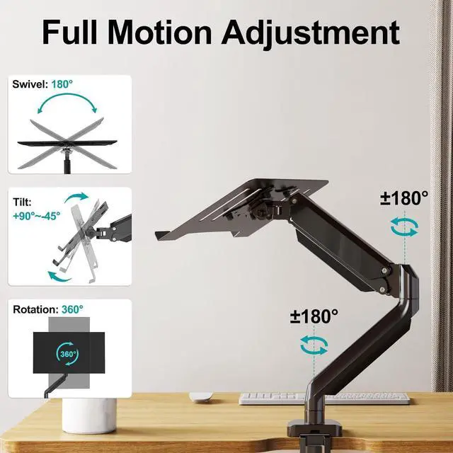 Alt view image 4 of 7 - Laptop Stand Desk Mount, 2 in 1 Function Monitor Laptop Mount, Aluminum Laptop Arm Fits Max 17" Notebook and 32" Computer Screen, Single Monitor Mount with Laptop Tray, Holds up to 17.6lbs