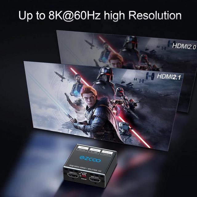 Alt view image 3 of 7 - HDMI 2.1 Splitter 4K 120Hz 8K 60Hz 1 in2 Out VRR ALLM HDCP2.3 HDR10 8KUHD Dolby Vision Atmos Scaler 4K EDID 1080P Dual Monitors HDMI 2.1 Splitter 1X2 for PS5 SkyQ Xbox NVIDIA AMD