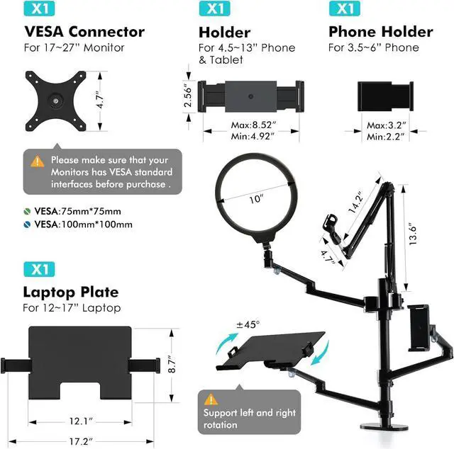 Alt view image 4 of 7 - Desktop Live Stand Set 6-in-1 10" LED Ring Light Microphone Mount compatible with 12-17" laptop/17-32'' monitor/7-13 Tablet/3.5-6.7" Phone/Digital Camera DSLR Online Teaching Meeting