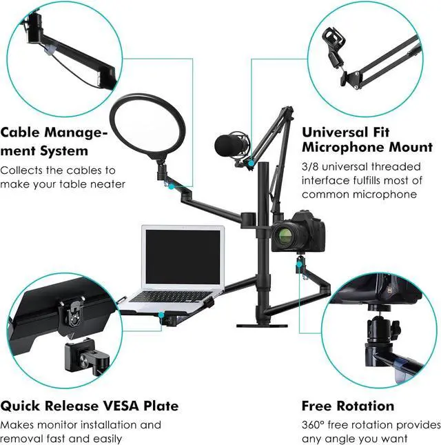 Alt view image 6 of 7 - Desktop Live Stand Set 6-in-1 10" LED Ring Light Microphone Mount compatible with 12-17" laptop/17-32'' monitor/7-13 Tablet/3.5-6.7" Phone/Digital Camera DSLR Online Teaching Meeting