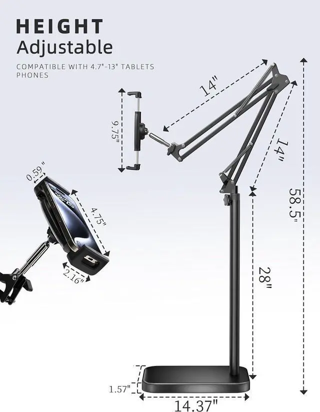 Alt view image 5 of 6 - Tablet Floor Stand with 11lb Stable Base - Adjustable Height Stretchable Arm Swivel Holder Mount, Compatible with iPad Pro Air Mini 12.9/9.7, Kindle, Galaxy Tab, Cell Phones (4.7''-13'')