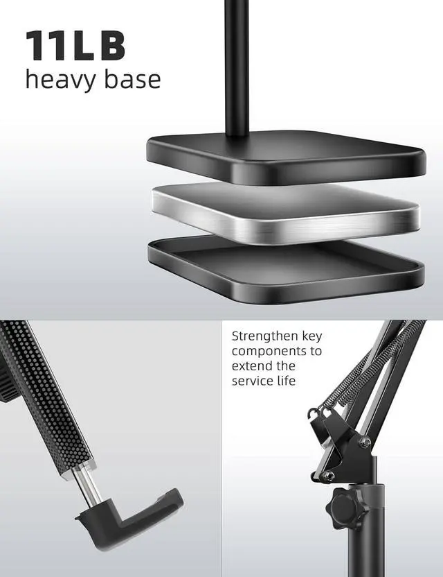 Alt view image 6 of 6 - Tablet Floor Stand with 11lb Stable Base - Adjustable Height Stretchable Arm Swivel Holder Mount, Compatible with iPad Pro Air Mini 12.9/9.7, Kindle, Galaxy Tab, Cell Phones (4.7''-13'')