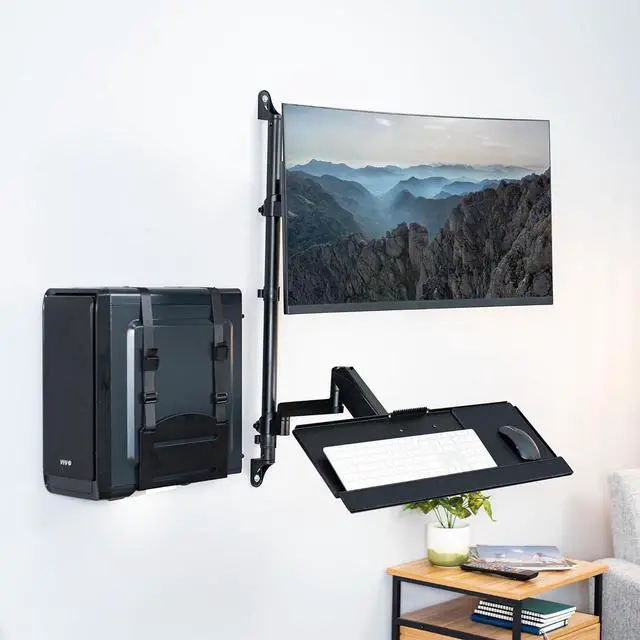 Alt view image 2 of 7 - Black Sit-Stand Height Adjustable Pneumatic Spring Arm Keyboard, Monitor, CPU Wall Mount for 1 Screen up to 32 inches STAND-SIT1BW