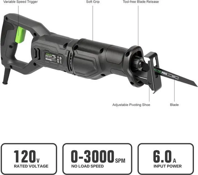 Alt view image 5 of 7 - 120V Reciprocating Saw, 6.0 Amp Variable Speed Corded Reciprocating Saw with 4/5" Stroke Length, 0-3000SPM and 6" Max for Wood, Metal, PVC Pipe Cutting