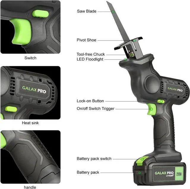 Alt view image 5 of 7 - 20V Cordless Reciprocating Saw, 0-3000RPM Variable Speed Power Reciprocating Saw with 4.0Ah Battery, 2pcs Wood Saw Blades & 1pcs Metal Saw Blade