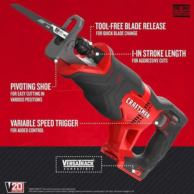 Alt view image 2 of 7 - V20 Reciprocating Saw, Cordless, 3,000 RPM, Variable Speed Trigger, Quick Easy Blade Change, Bare Tool Only (CMCS300B)