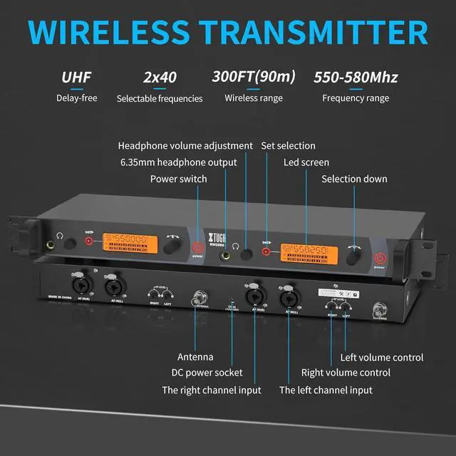 Alt view image 2 of 7 - RW2080 Wireless in Ear Monitor System 2 Channel 4 Bodypacks Mono in Ear Monitor Wireless 300Ft, 40 UHF Frequencies, IEM System for Band, Stage or Studio,572MHz-599Mhz